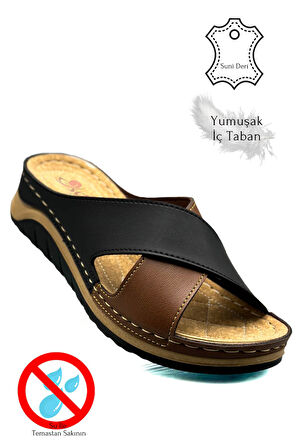 Çapraz Bant Yumuşak ve Hafif Kalın Tabanlı Kadın Terlik Spor Terlik 521/2 Siyah Taba