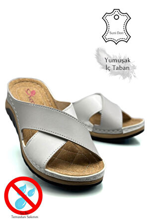 Çapraz Bant Yumuşak ve Hafif Kalın Tabanlı Kadın Terlik Spor Terlik 521/2 Gri Beyaz