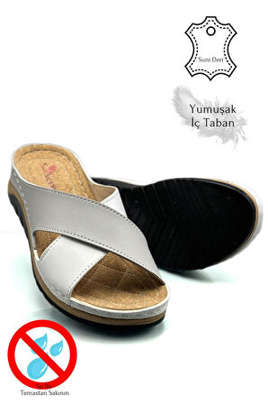 Çapraz Bant Yumuşak ve Hafif Kalın Tabanlı Kadın Terlik Spor Terlik 521/2 Gri Beyaz