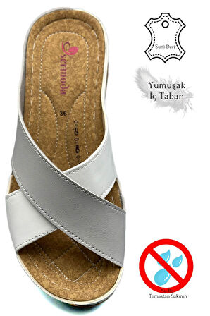 Çapraz Bant Yumuşak ve Hafif Kalın Tabanlı Kadın Terlik Spor Terlik 521/2 Gri Beyaz