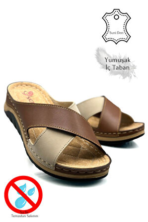 Çapraz Bant Yumuşak ve Hafif Kalın Tabanlı Kadın Terlik Spor Terlik 521/2 Taba Vizon