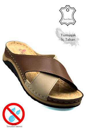 Çapraz Bant Yumuşak ve Hafif Kalın Tabanlı Kadın Terlik Spor Terlik 521/2 Taba Vizon