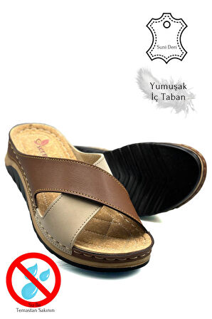 Çapraz Bant Yumuşak ve Hafif Kalın Tabanlı Kadın Terlik Spor Terlik 521/2 Taba Vizon