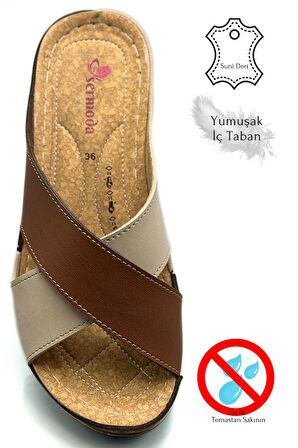 Çapraz Bant Yumuşak ve Hafif Kalın Tabanlı Kadın Terlik Spor Terlik 521/2 Taba Vizon