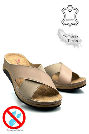 Çapraz Bant Yumuşak ve Hafif Kalın Tabanlı Kadın Terlik Spor Terlik 521/2 Pudra Vizon