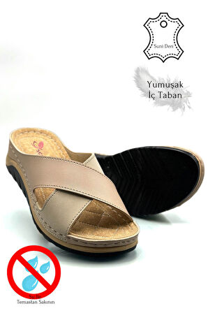 Çapraz Bant Yumuşak ve Hafif Kalın Tabanlı Kadın Terlik Spor Terlik 521/2 Pudra Vizon