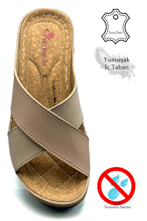 Çapraz Bant Yumuşak ve Hafif Kalın Tabanlı Kadın Terlik Spor Terlik 521/2 Pudra Vizon