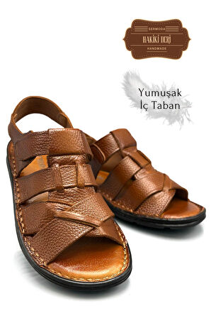 Hakiki Gerçek Deri Cırtlı Erkek Sandalet Çapraz Şır Taba