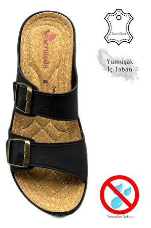 Çift Bant Tokalı Yumuşak ve Hafif Kalın Tabanlı Kadın Terlik Spor Terlik 521/1 Siyah