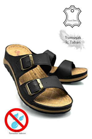 Çift Bant Tokalı Yumuşak ve Hafif Kalın Tabanlı Kadın Terlik Spor Terlik 521/1 Siyah