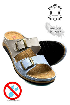 Çift Bant Tokalı Yumuşak ve Hafif Kalın Tabanlı Kadın Terlik Spor Terlik 521/1 Gri Mavi