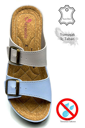 Çift Bant Tokalı Yumuşak ve Hafif Kalın Tabanlı Kadın Terlik Spor Terlik 521/1 Gri Mavi