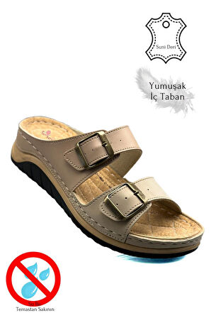 Çift Bant Tokalı Yumuşak ve Hafif Kalın Tabanlı Kadın Terlik Spor Terlik 521/1 Pudra Vizon