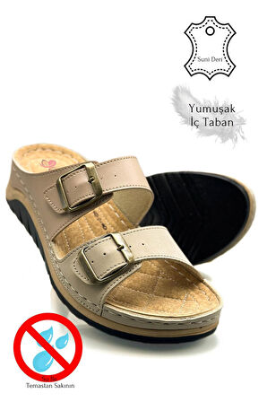 Çift Bant Tokalı Yumuşak ve Hafif Kalın Tabanlı Kadın Terlik Spor Terlik 521/1 Pudra Vizon