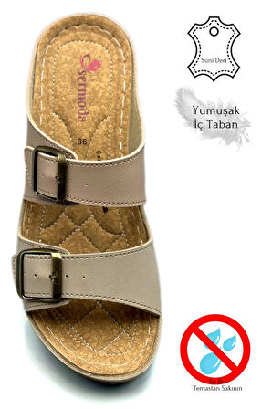 Çift Bant Tokalı Yumuşak ve Hafif Kalın Tabanlı Kadın Terlik Spor Terlik 521/1 Pudra Vizon