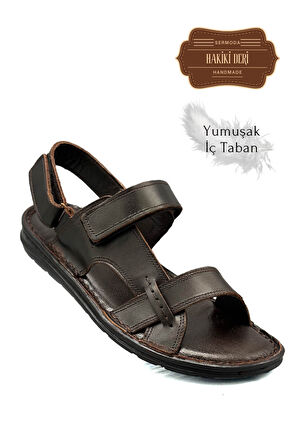 Sermoda Hakiki Gerçek Deri Cırtlı Erkek Sandalet Kahve
