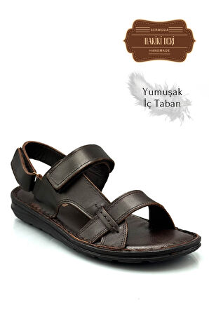 Sermoda Hakiki Gerçek Deri Cırtlı Erkek Sandalet Kahve