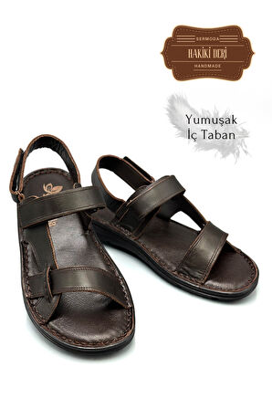 Sermoda Hakiki Gerçek Deri Cırtlı Erkek Sandalet Kahve