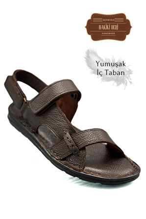 Hakiki Gerçek Deri Cırtlı Erkek Sandalet K Şır Kahve