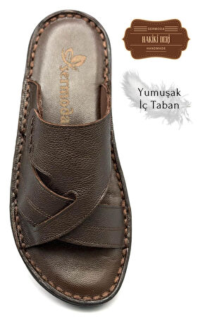 Hakiki Gerçek Deri Erkek Terlik Hafif Terlik Deri G Şır Kahve