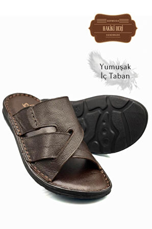 Hakiki Gerçek Deri Erkek Terlik Hafif Terlik Deri G Şır Kahve