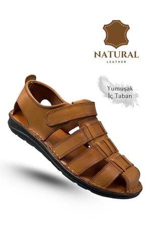 %100 Hakiki Deri Burnu Kapalı Erkek Sandalet Taba