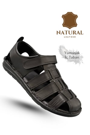 %100 Hakiki Deri Burnu Kapalı Erkek Sandalet Siyah