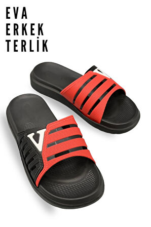 Hafif Poli Erkek Terlik V Model Havuz Terliği 14198 Siyah Kırmızı