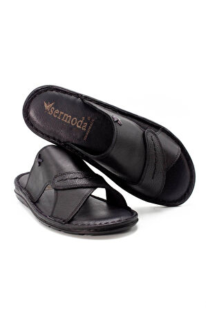 Hakiki Gerçek Deri Erkek Terlik Hafif Terlik Deri Siyah