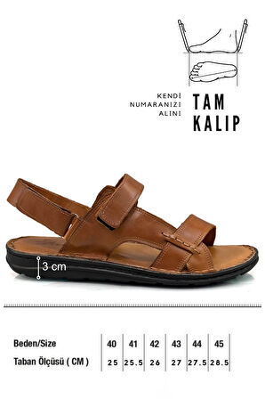 Hakiki Gerçek Deri Cırtlı Erkek Sandalet Taba