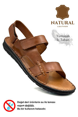 Hakiki Gerçek Deri Cırtlı Erkek Sandalet Taba