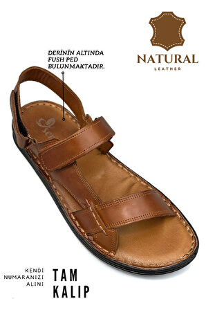 Hakiki Gerçek Deri Cırtlı Erkek Sandalet Taba