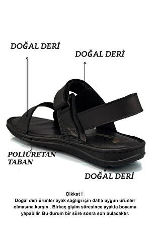 Hakiki Gerçek Deri Cırtlı Erkek Sandalet Siyah