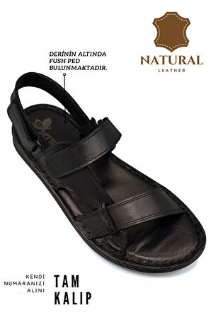 Hakiki Gerçek Deri Cırtlı Erkek Sandalet Siyah