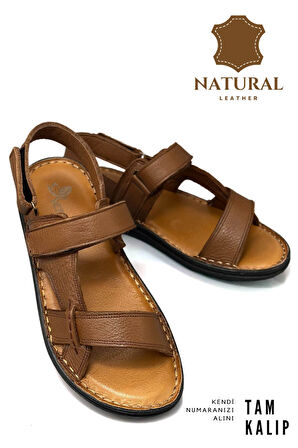 Hakiki Gerçek Deri Cırtlı Erkek Sandalet Şırıngıl Taba
