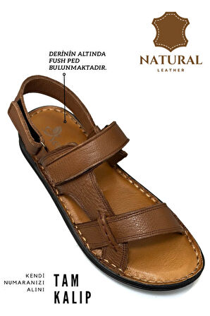 Hakiki Gerçek Deri Cırtlı Erkek Sandalet Şırıngıl Taba