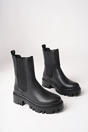 Kadın Bot - Kalın Taban Yanları Lastikli Suya Dayanıklı Rahat Giyim Kadın Bot Siyah