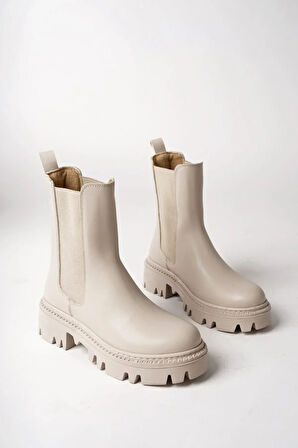 Kadın Bot - Kalın Taban Yanları Lastikli Suya Dayanıklı Rahat Giyim Kadın Bot Ten