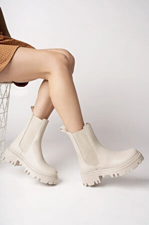 Kadın Bot - Kalın Taban Yanları Lastikli Suya Dayanıklı Rahat Giyim Kadın Bot Ten