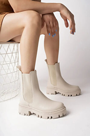 Kadın Bot - Kalın Taban Yanları Lastikli Suya Dayanıklı Rahat Giyim Kadın Bot Ten