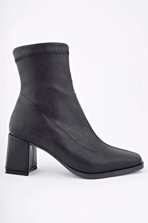 Kadın Streç Topuklu Bot - Küt Burun Topuklu Streç Farmuarlı Kadın Bot Siyah
