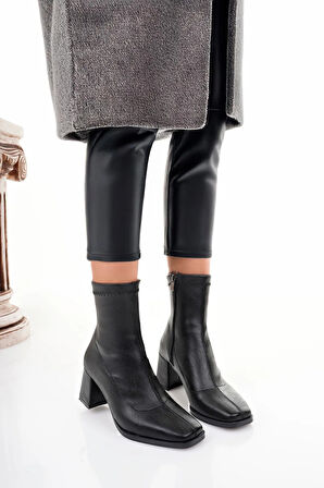 Kadın Streç Topuklu Bot - Küt Burun Topuklu Streç Farmuarlı Kadın Bot Siyah