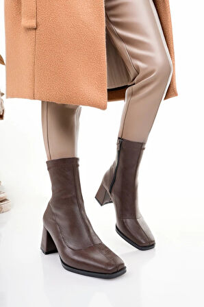 Kadın Streç Topuklu Bot - Küt Burun Topuklu Streç Farmuarlı Kadın Bot Kahve