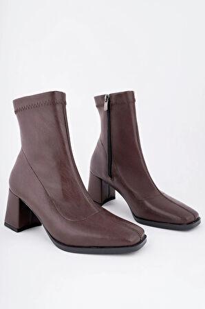 Kadın Streç Topuklu Bot - Küt Burun Topuklu Streç Farmuarlı Kadın Bot Kahve