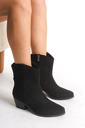 Kadın Kovboy Bot - Western Tarz Kadın Kısa Bot Nakışlı Cowboy Kadın Bot Siyah Süet