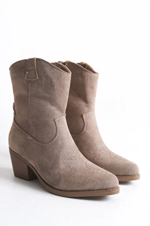 Kadın Kovboy Bot - Western Tarz Kadın Kısa Bot Nakışlı Cowboy Kadın Bot Vizon