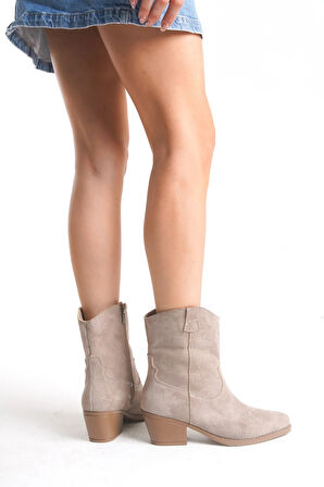 Kadın Kovboy Bot - Western Tarz Kadın Kısa Bot Nakışlı Cowboy Kadın Bot Vizon