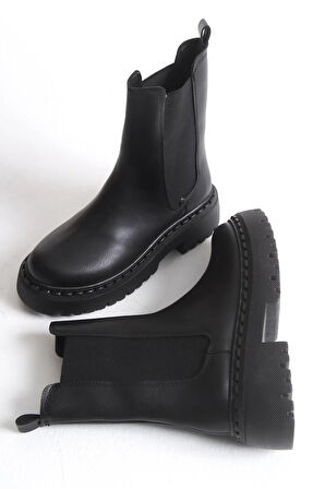 Kadın Bot - Yanları Lastikli Fermuarsız Kaymaz Taban Termo Kadın Bot Siyah