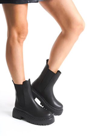 Kadın Bot - Yanları Lastikli Fermuarsız Kaymaz Taban Termo Kadın Bot Siyah