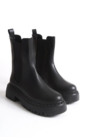 Kadın Bot - Yanları Lastikli Fermuarsız Kaymaz Taban Termo Kadın Bot Siyah